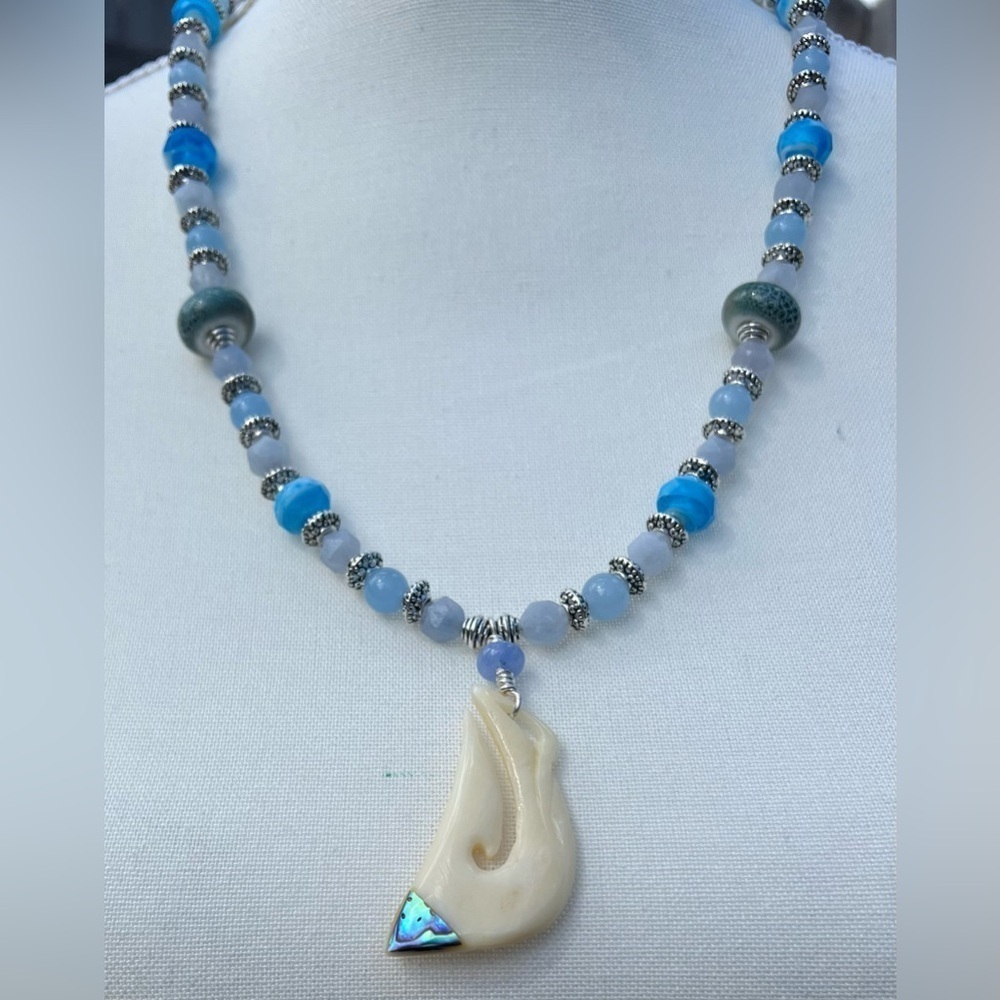 Aquamarine, Vintage Glass, Vintage Māori Hook and Silver Necklace Set - Picture 3 of 12